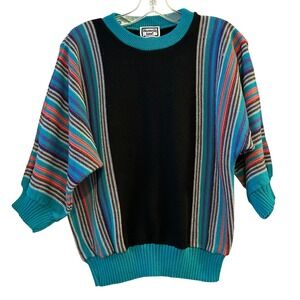 Keneth Too 80s Retro Striped Black Acrylic Sweater Pullover Made USA
